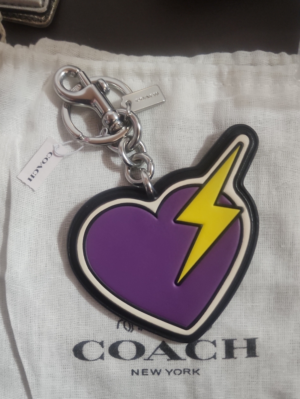 Coach Purple Heart Charm Keychain with Yellow Lightning Bolt Nwt And Dusty